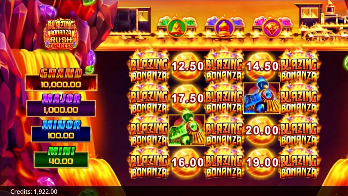 Tampilan visual slot Blazing Bonanza Rush Express dengan tema tambang emas dan kereta api